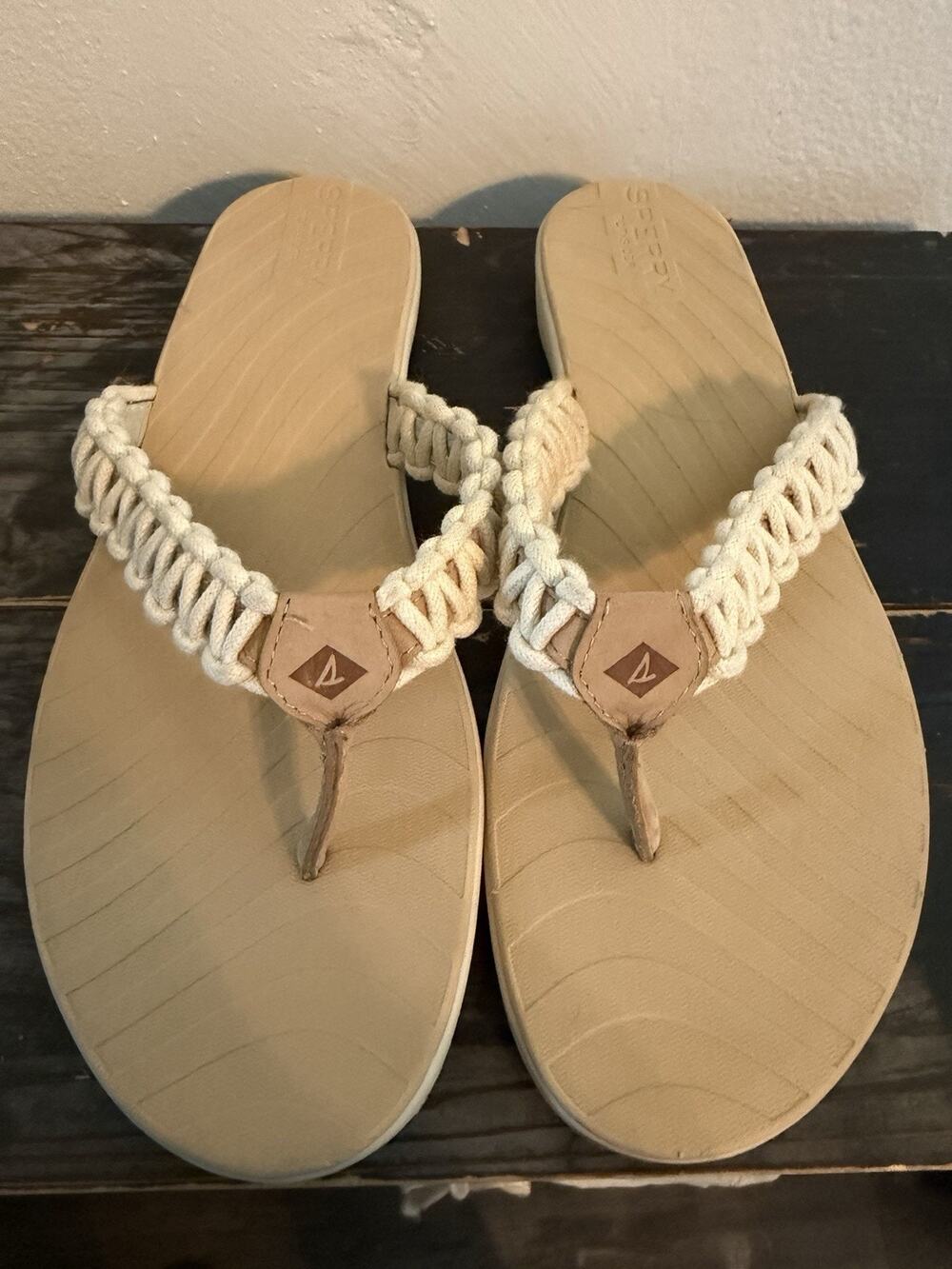 Sperry Seabrook Current Thong Sandals Women’s 10 M White Tan Braided Rope